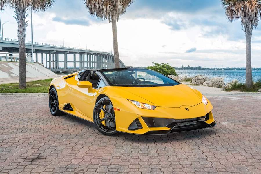 yellow lamborghini huracan evo spyder for rent miami